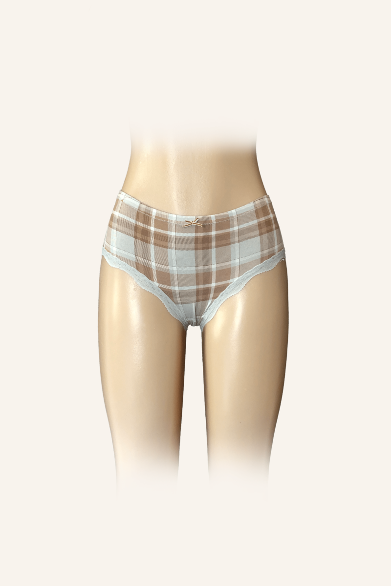 Vintage Plaid Cotton Briefs with Lace Accents
