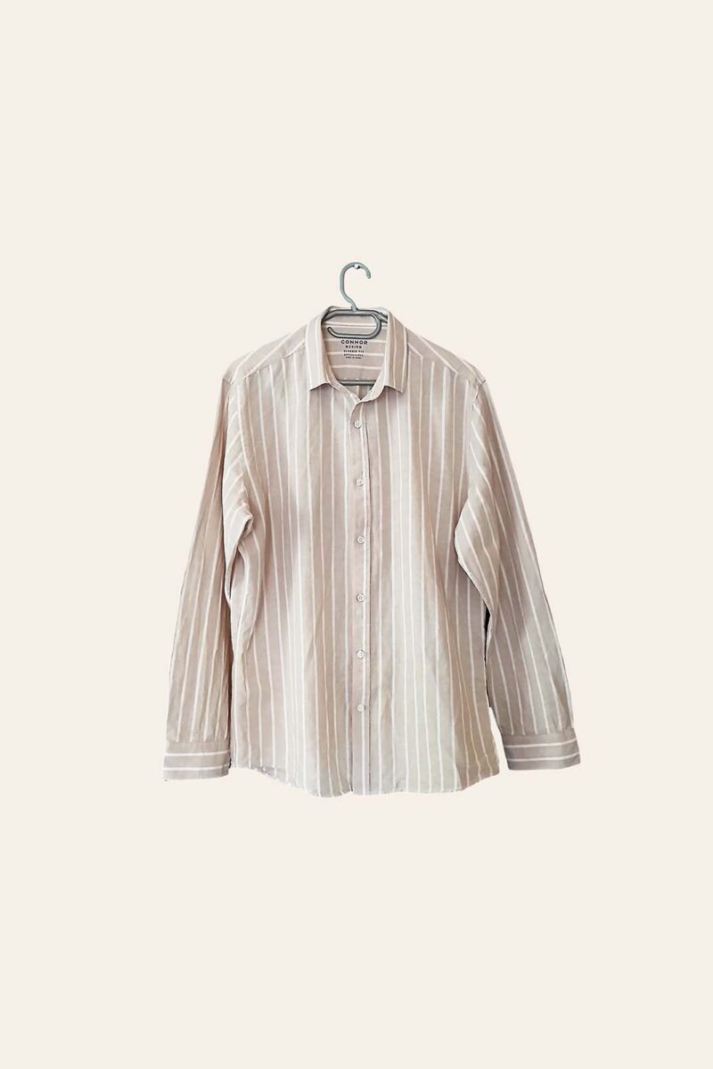Beige Striped Long Sleeve Button-Up Shirt