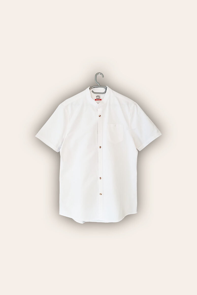 White Mandarin Collar Short Sleeve Button-Up Shirt