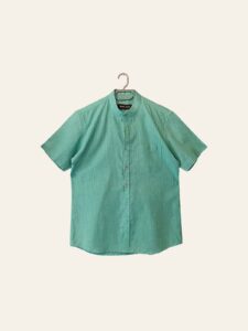 Men's Green Striped Mandarin Collar Short-Sleeve Shirt - Image 3