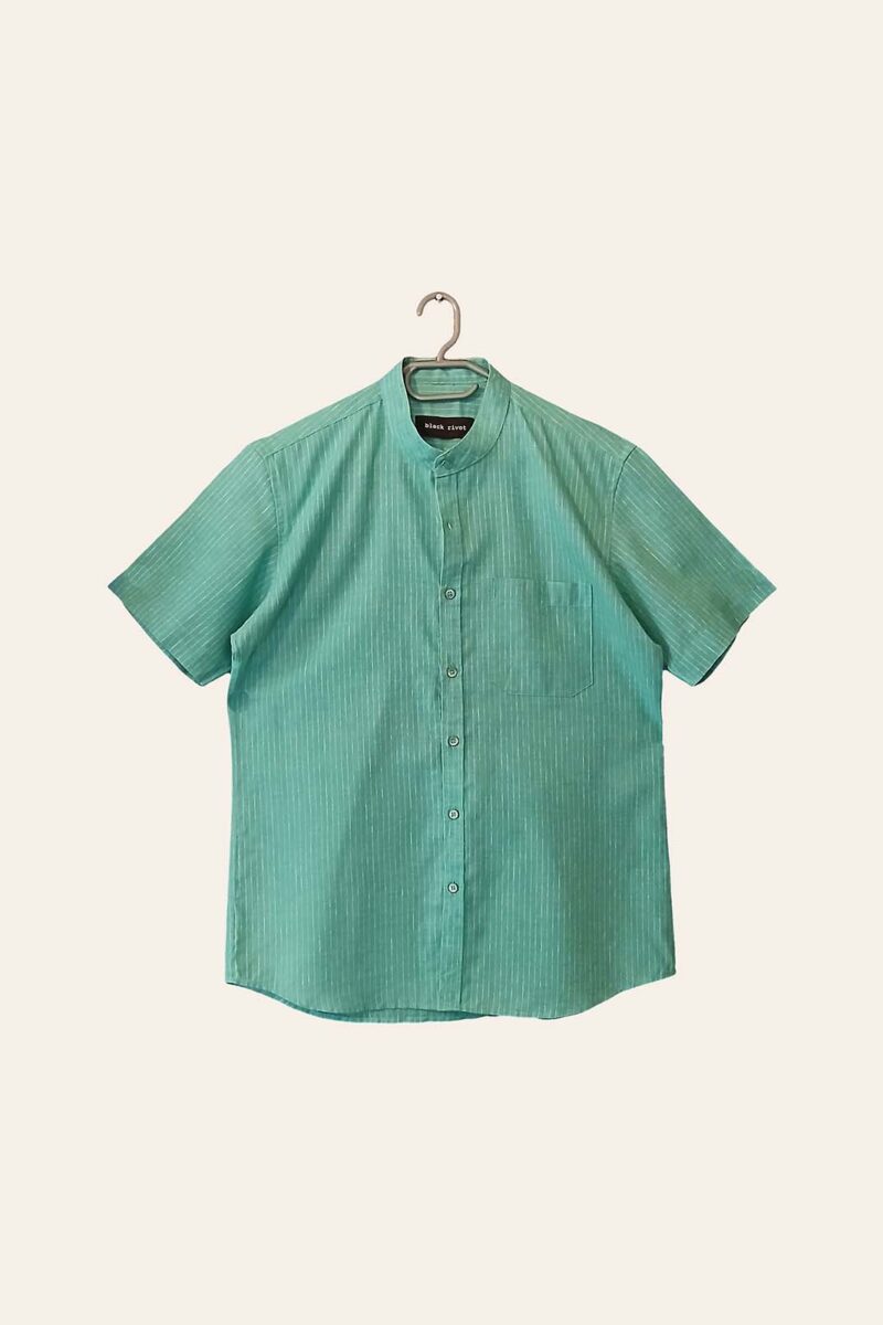 Men's Green Striped Mandarin Collar Short-Sleeve Shirt
