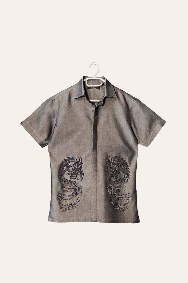 Men's Charcoal Gray Embroidered Dragon Short-Sleeve Shirt
