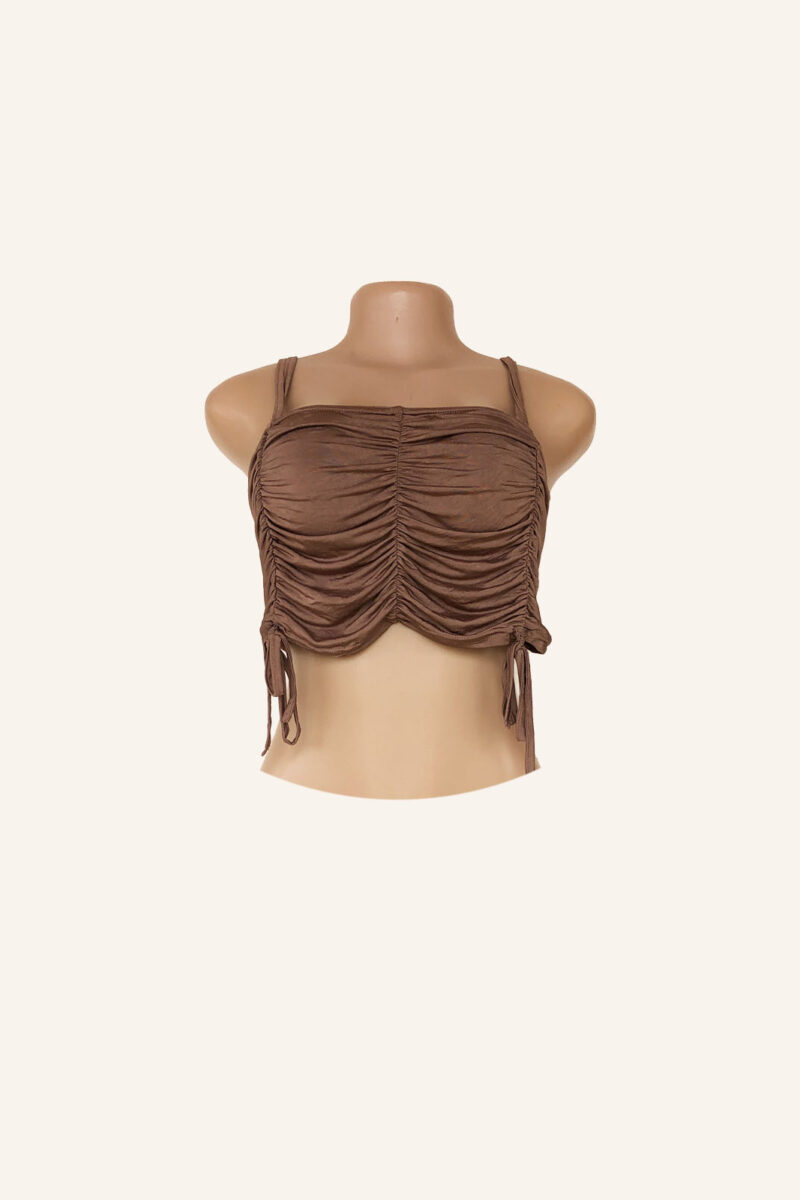 Brown Ruched Tie-Side Sleeveless Crop Top