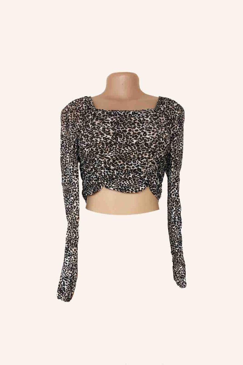 Black and White Leopard Print Long Sleeve Crop Top