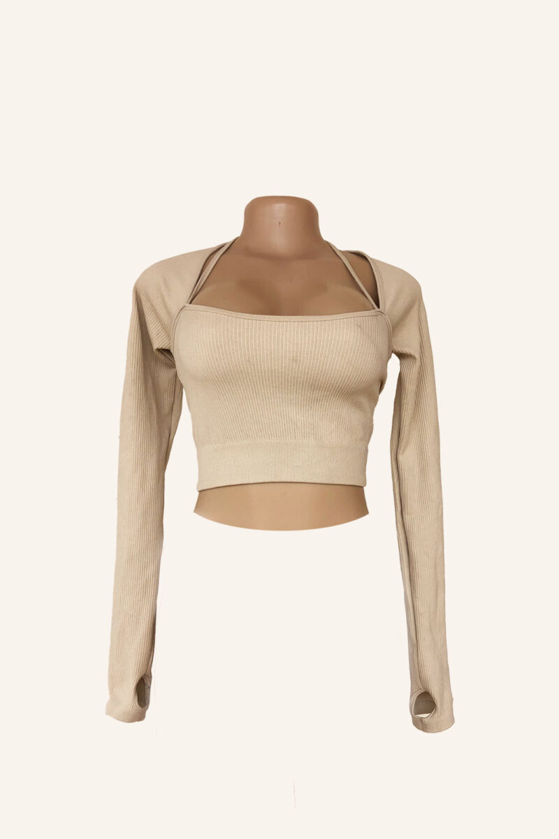 Beige Ribbed Long Sleeve Crop Top