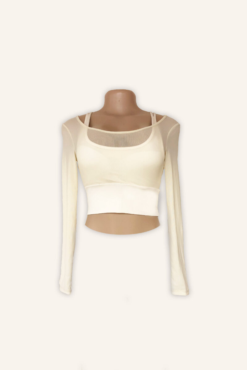 Cream Sheer Mesh Long Sleeve Crop Top