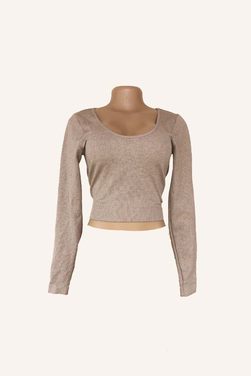 Beige Solid Long Sleeve Crop Top